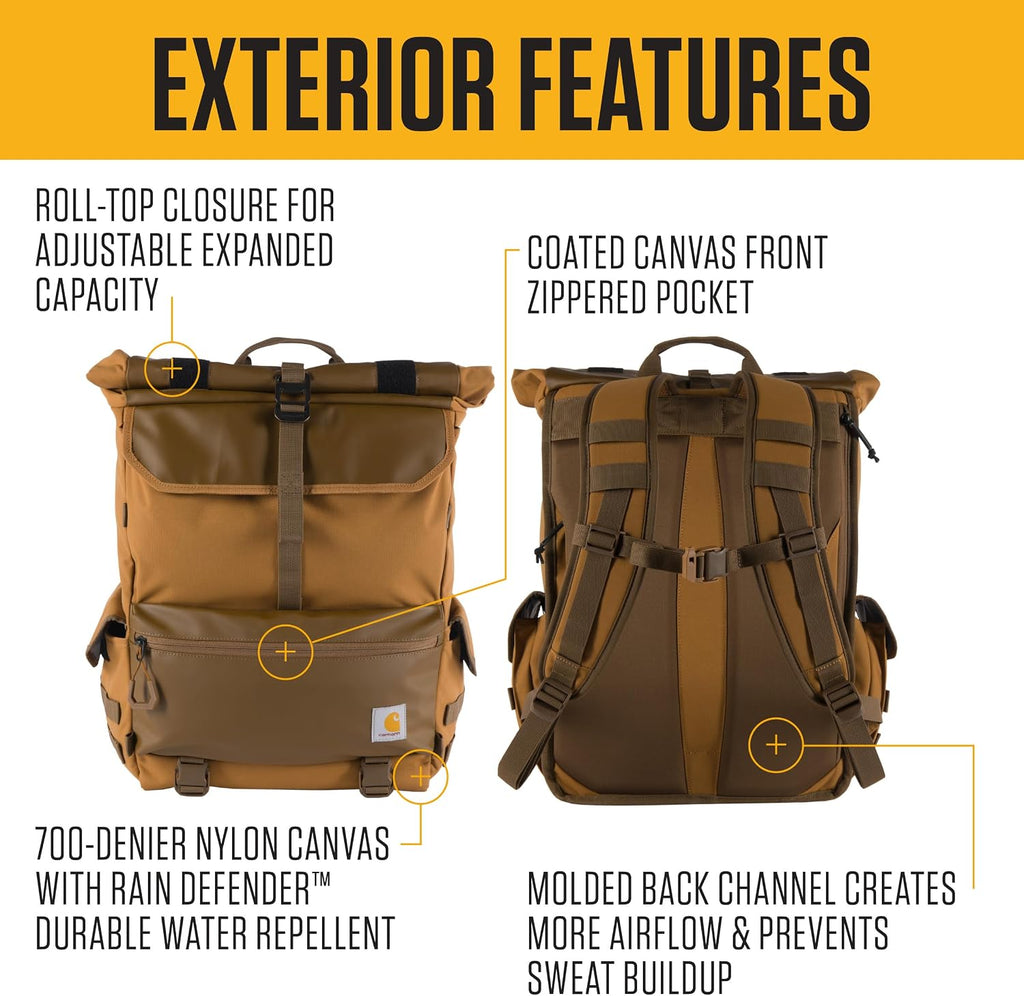 Carhartt 40L Nylon Roll Top Backpack, Heavy-Duty Water-Resistant Material W/ 17' Laptop Sleeve, Black