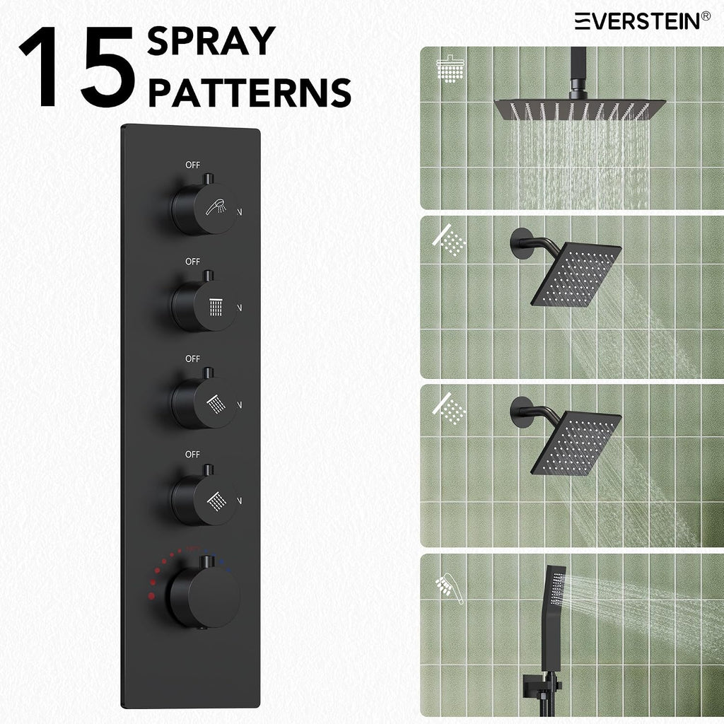Thermostatic Shower system, 16, 6 in. Bathroom Shower Set Wall Mount Dual Shower Head Faucet in Matte Black