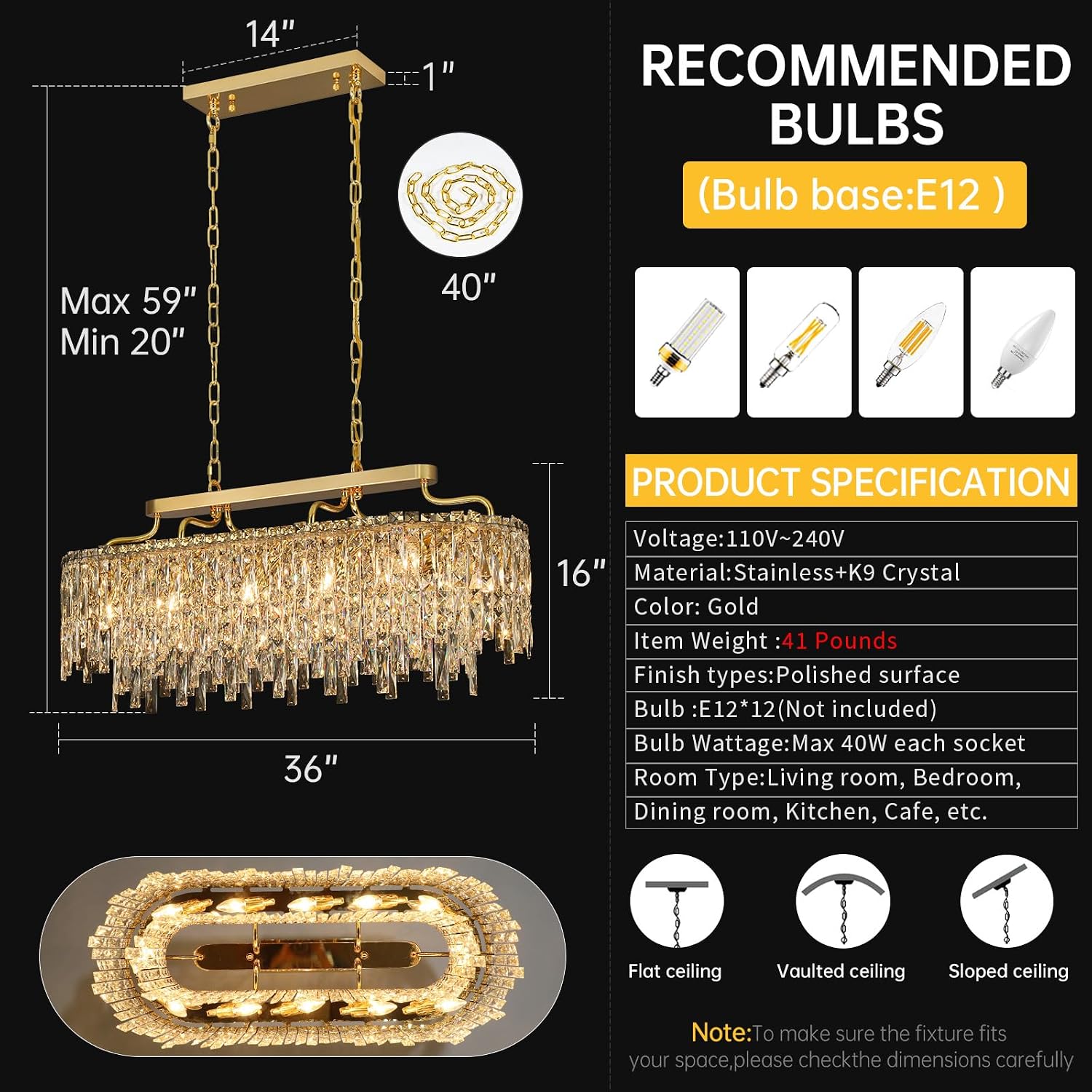 12-Lights Modern Gold Crystal Chandeliers for Dining Room Light Fixtures Over Table | L36' Luxury Crystal Chandeliers for Kitchen Island | Oval Hanging Lighting for Living Room Bedroom Bathroom
