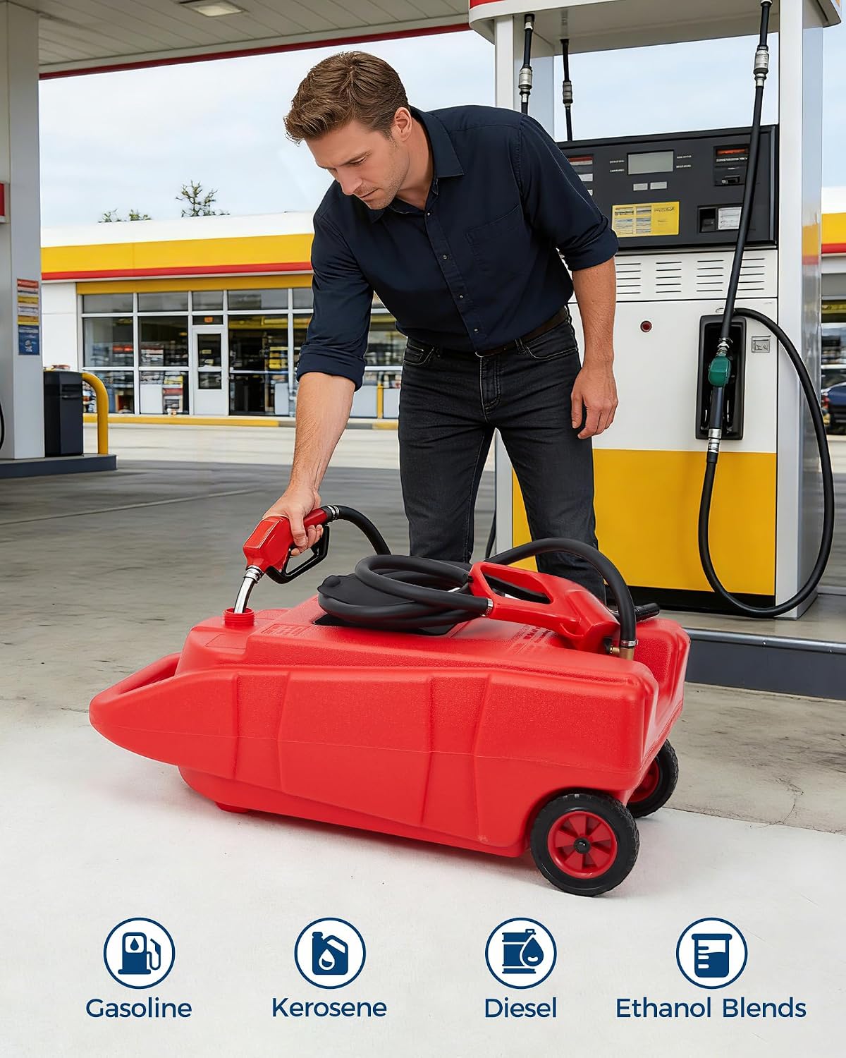 15 Gallon Gas Can, Heavy-Duty Fuel Tank with Manual Transfer Pump & 10FT Hose, Portable Gas Caddy with Wheels, Leak-Proof Gas Container for Lawn Mowers, Cars, Boats, ATVs, Red