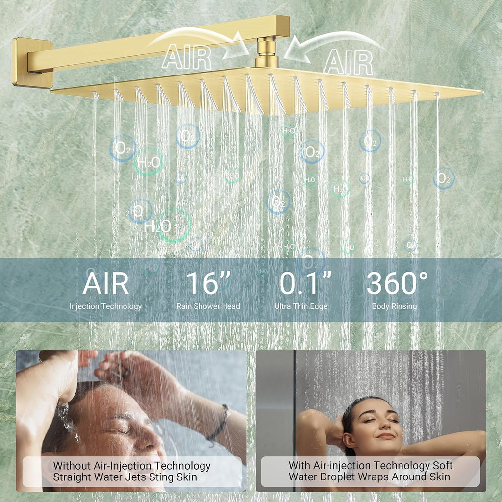 Dasan Thermostatic Dual Shower System with 6 Body Jets, 6-Inch Shower & 16' Rainfall Shower, Luxury Brushed Gold Shower Faucet Set Rain Shower System for Couples/ 2-Person