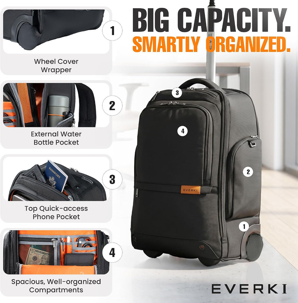 EVERKI 123 Wheeled 32L Laptop Backpack - Rolling Backpack for Men & Women - Carry-On Travel Roller Backpack for Laptops - Fits 15.6 to 16 Inches with Replaceable Wheels for Business & Work - Black