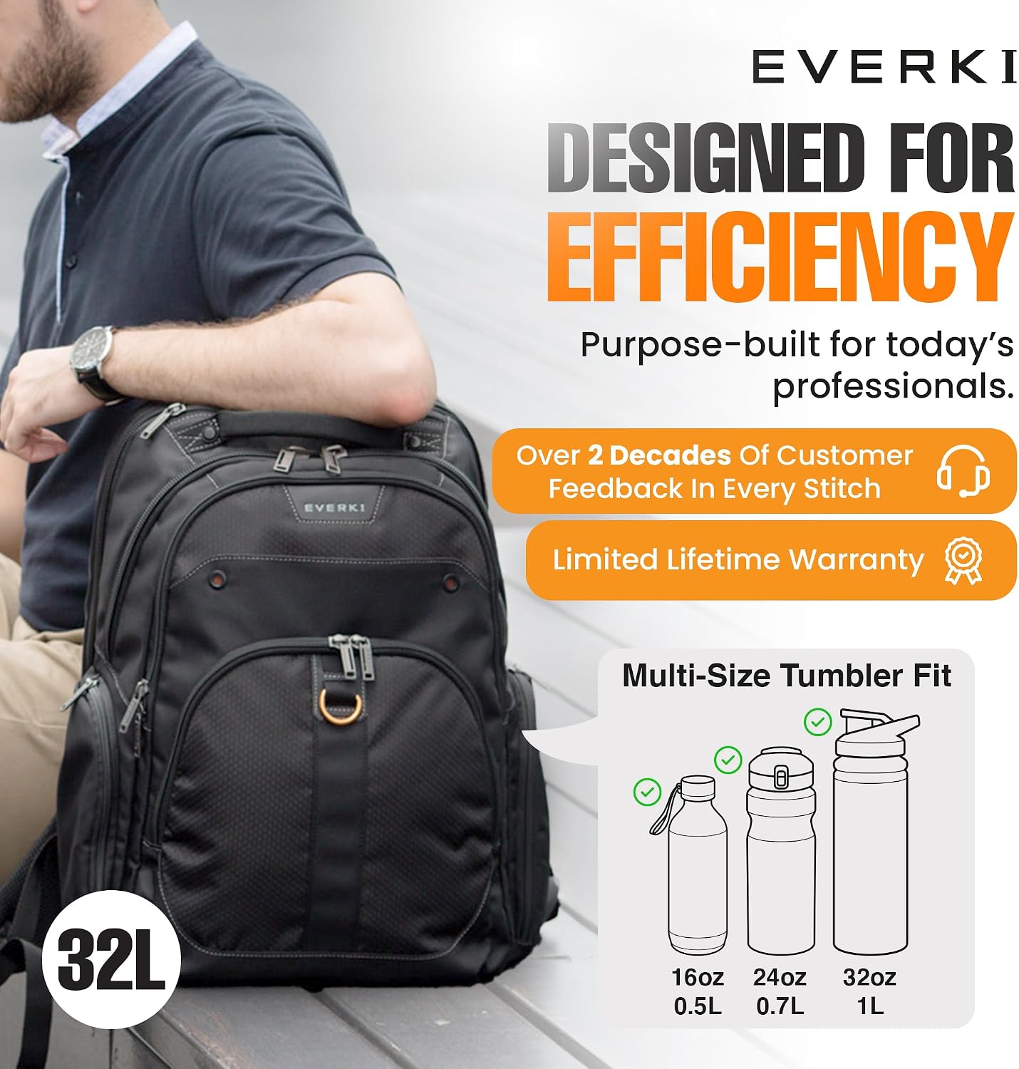 EVERKI Atlas Business 32L Laptop Backpack – Travel-Friendly Business & Office, Professional Backpack for Men & Women, Durable Computer Bag with Adjustable Padded Compartment, Fits 13'-17.3', Black