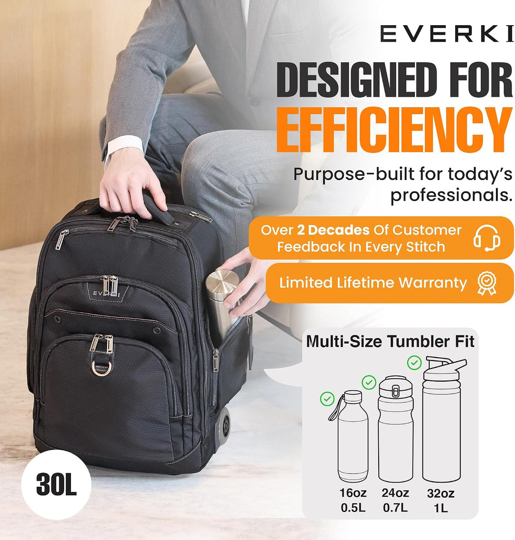 EVERKI Atlas Wheeled 2 Rolling Backpack - Business 30L Travel Backpack with Grey Replaceable Wheels for Professional, RFID-Blocking, Books, Quick-Access Pocket & 13' to 17.3' Laptops - (EKP122BG-ECO)