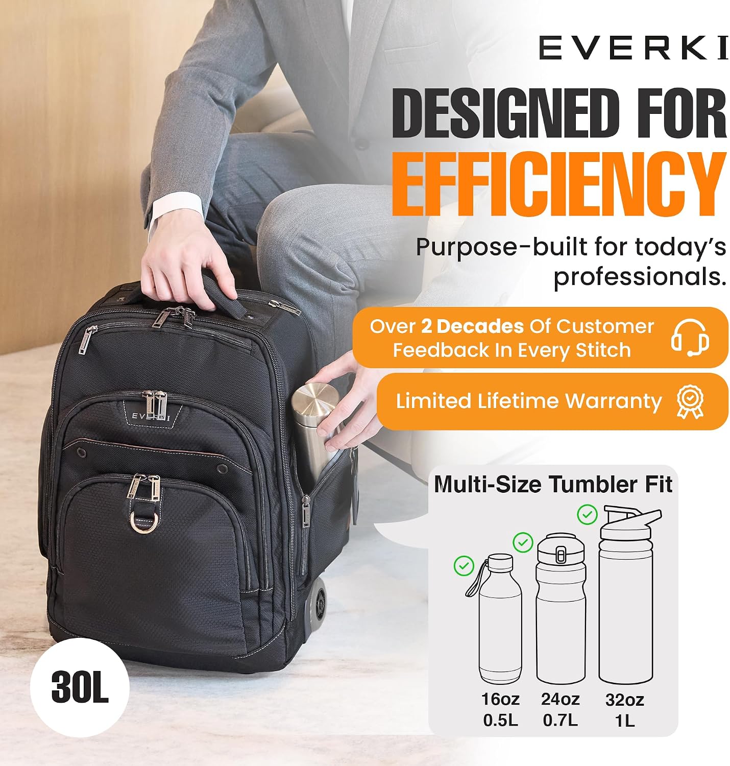 EVERKI Atlas Wheeled 2 Rolling Backpack - Business 30L Travel Backpack with Grey Replaceable Wheels for Professional, RFID-Blocking, Books, Quick-Access Pocket & 13' to 17.3' Laptops - (EKP122BG-ECO)
