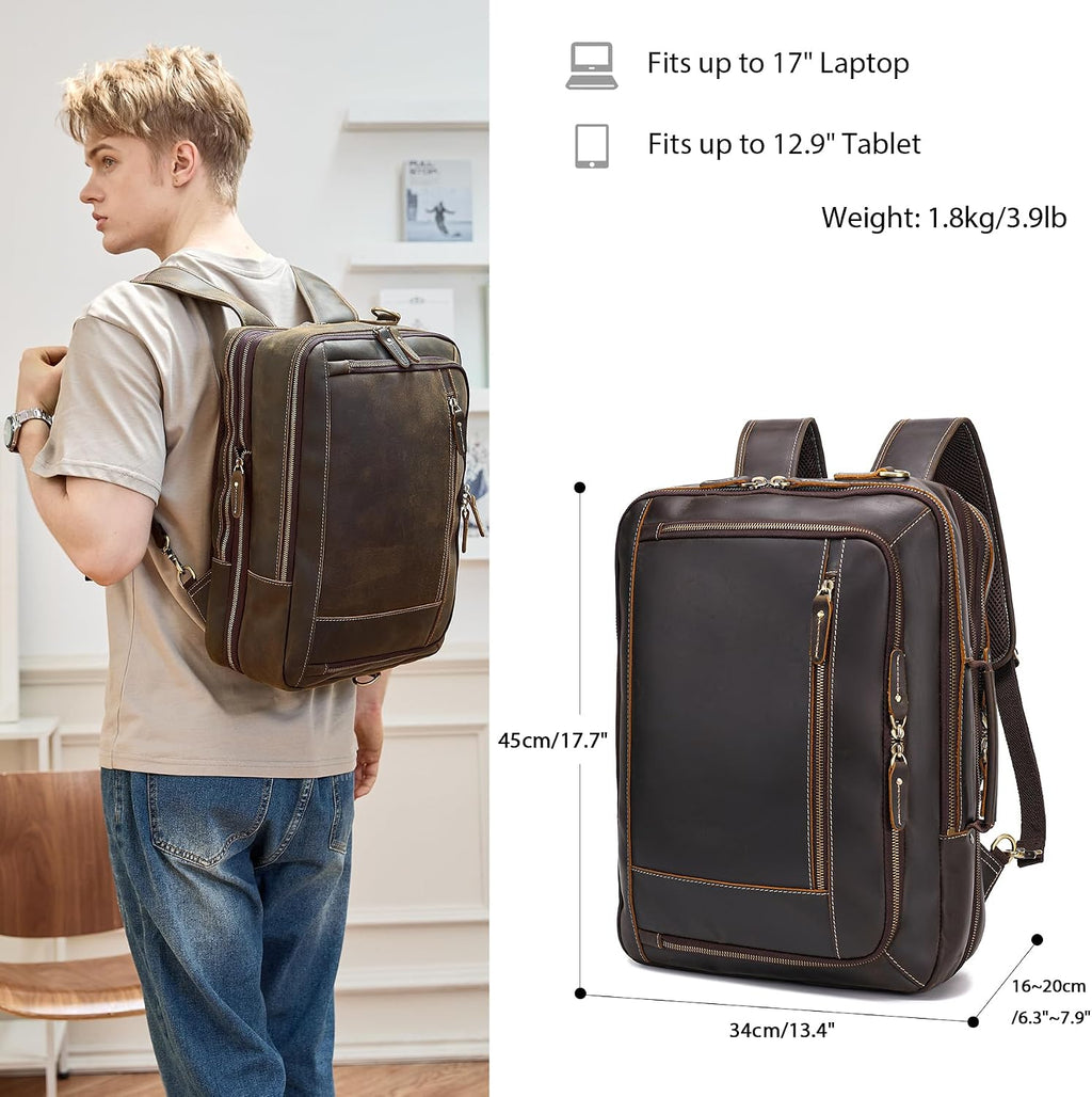 LANNSYNE Vintage Genuine Leather Backpack For Men, 2 in 1 Expandable Briefcase Fits 17'' Laptop Crossbody shoulder Bag Business/Travel Rucksack