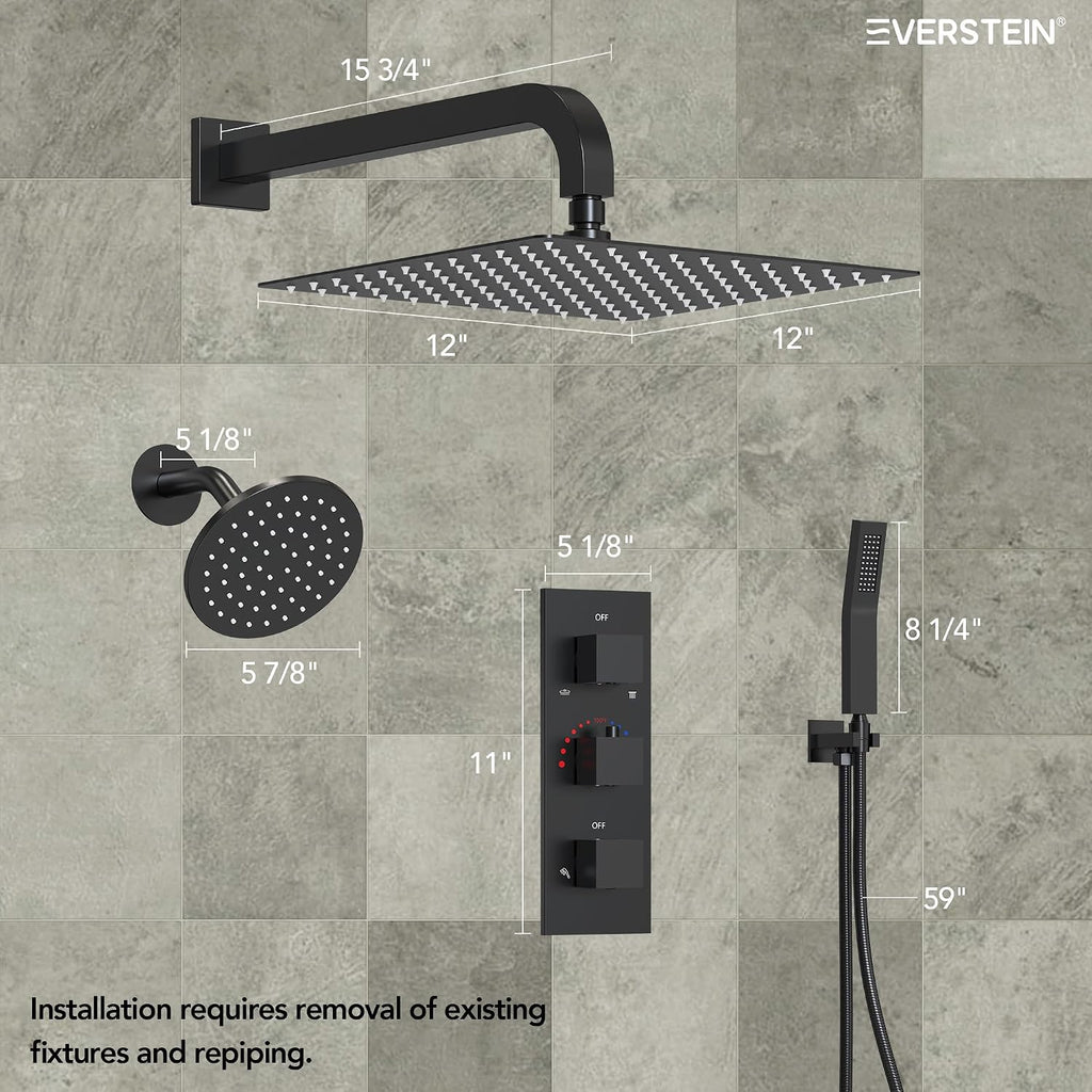 Thermostatic Shower system, 12 & 6 in. Bathroom Shower Set Wall Mount Dual Shower Head Faucet in Matte Black