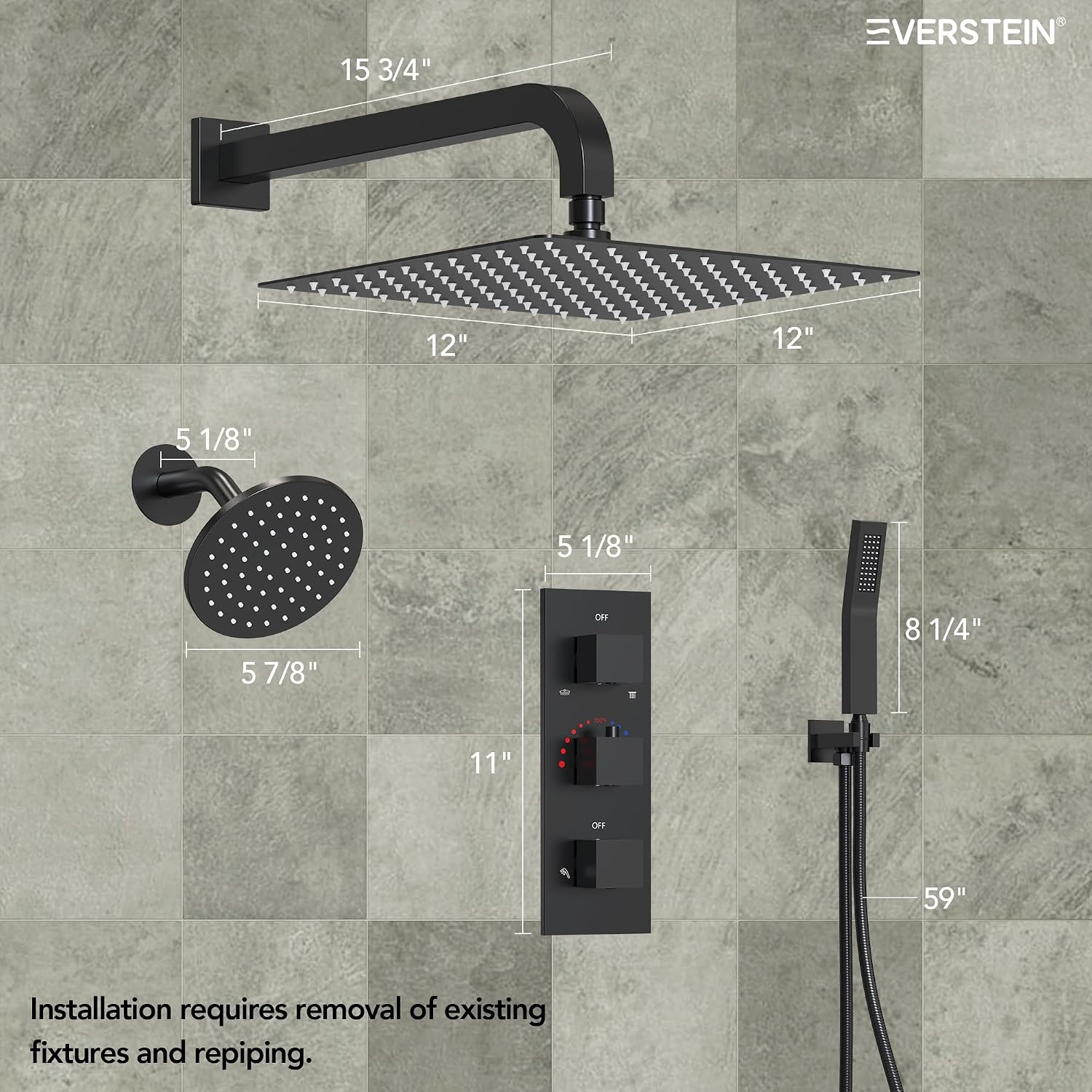 Thermostatic Shower system, 12 & 6 in. Bathroom Shower Set Wall Mount Dual Shower Head Faucet in Matte Black