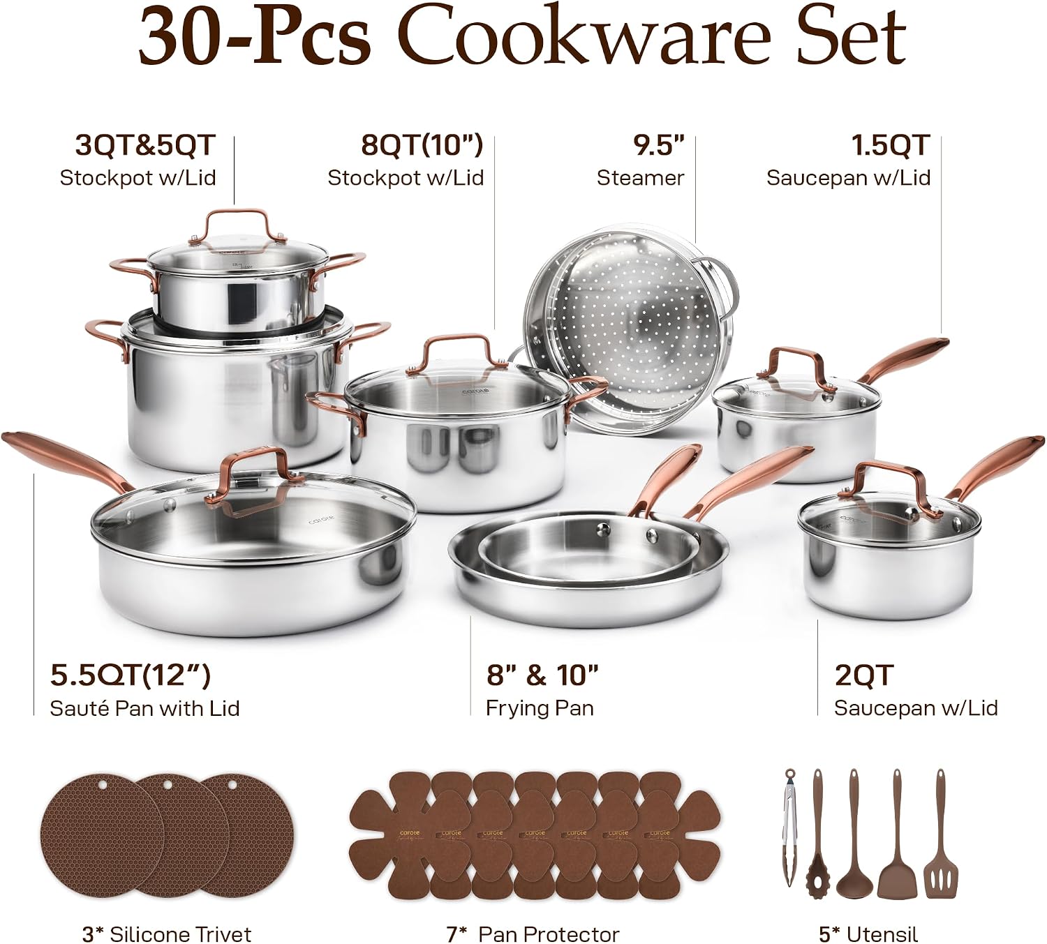 CAROTE 30 PCS Tri-Ply Stainless Steel Cookware Set, Pots and Pans Set, Non Toxic Induction Kitchen Cooking Sets, Gold