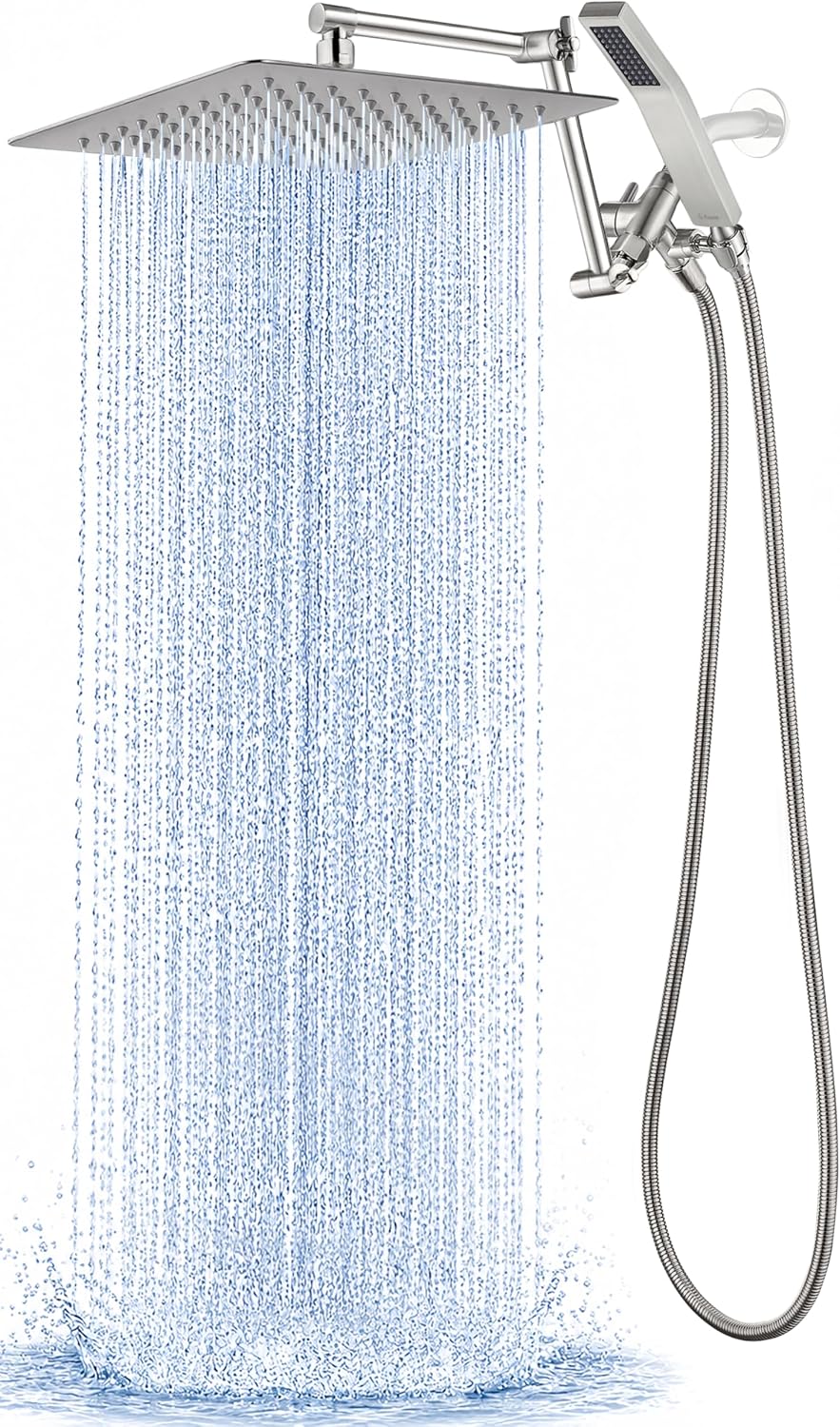 G-Promise All Metal 12 Inches Rainfall Shower Head with Handheld Spray Combo, 3 Settings Diverter, Adjustable Extension Arm with Lock Joints, 71 Inches Stainless Steel Hose (Brushed Nickel)