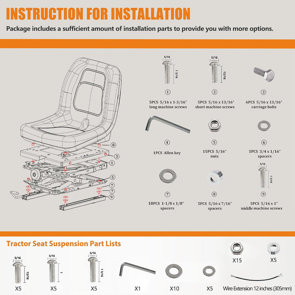 Universal Seat Suspension Kit Without Seat Slider Fit for Zero Turn Lawn Mower, Tractor, Forklift, Compatible with Most Aftermarket Seats-Same Day Shipping