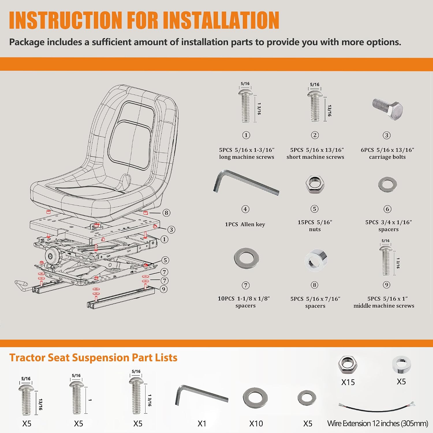 Universal Seat Suspension Kit Without Seat Slider Fit for Zero Turn Lawn Mower, Tractor, Forklift, Compatible with Most Aftermarket Seats-Same Day Shipping