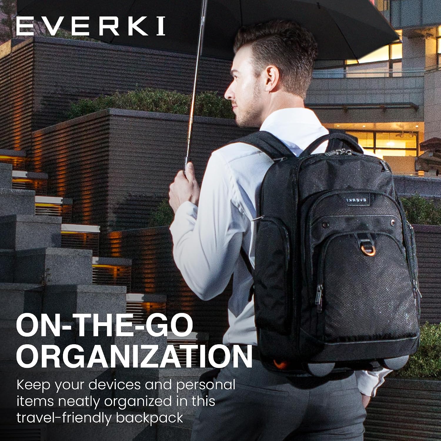 EVERKI Atlas Wheeled 30L Laptop Backpack - Rolling Backpack for Men & Women, Carry-On Travel Roller Backpack for Laptops, Fits 13 to 17.3 Inches with Adjustable Compartment for Business & Work - Black