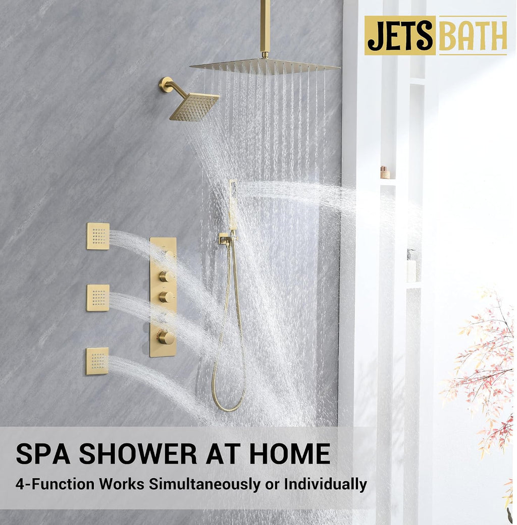 Thermostatic Dual Shower System with 4-Inch Body Jets, Ceiling 16' Rainfall Shower & Wall Mount 6-Inch Shower Head, Brushed Gold Luxury Shower Faucet Set with Handheld Sprayer