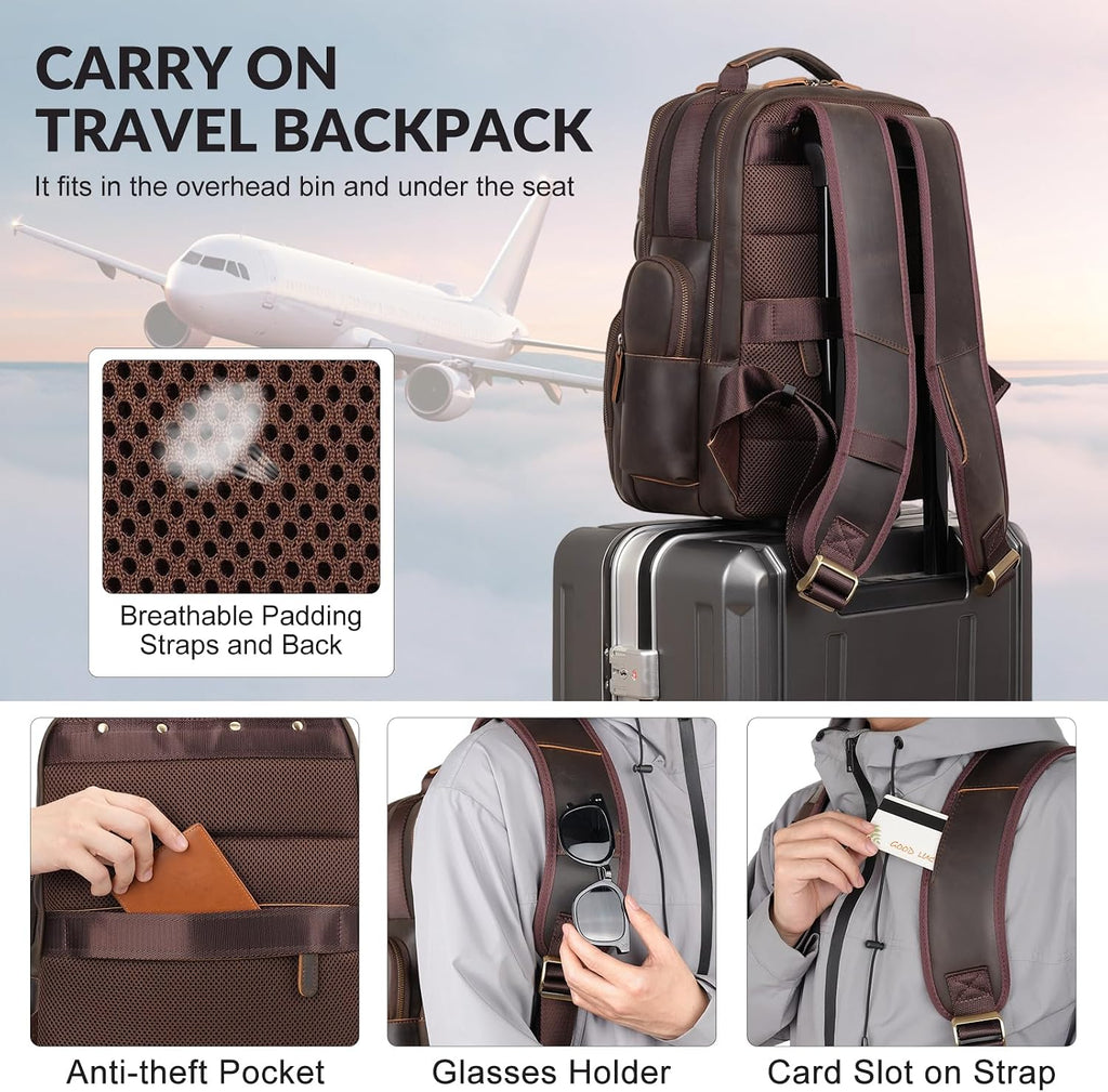 TIDING Men's Vintage Leather Backpack 15.6' Laptop Bag Large Capacity Business Travel Hiking Shoulder Daypacks