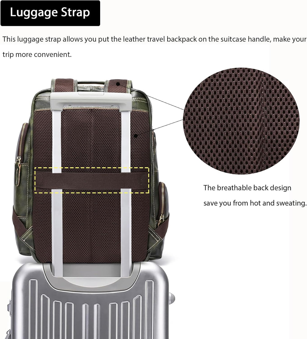 LANNSYNE Vegetable Tanned Leather Backpack for Men, 15.6' Laptop Backpack Camping Travel 24L Rucksack