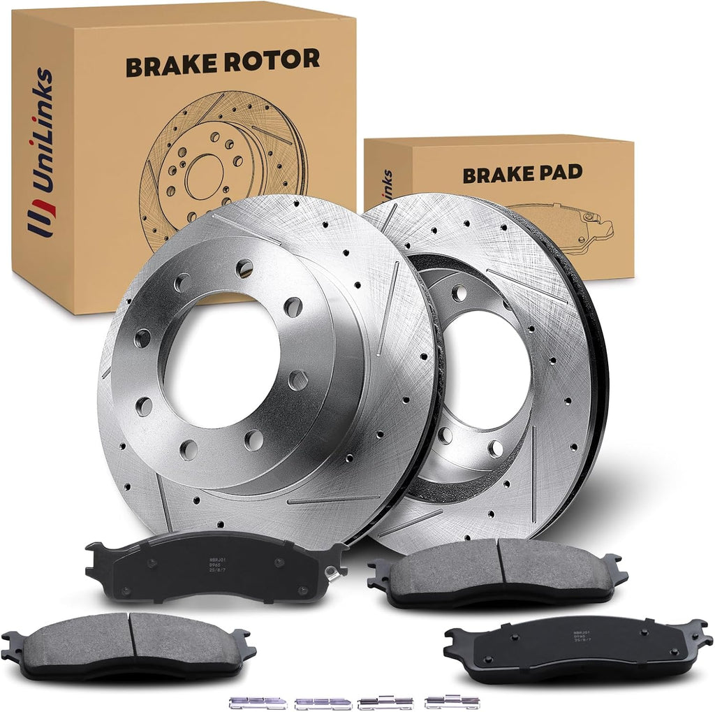 Front Drilled and Slotted Disc Brake Rotors & Ceramic Brake Pads Kit Fit for Dodge 2006-2008 Ram 1500 (8 Lug; Mega Cab Models ONLY), 2003-2008 Ram 2500, 2003-2008 Ram 3500#53012 D965