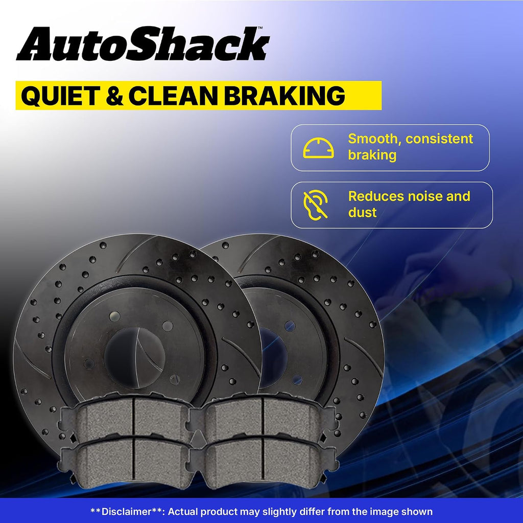 AutoShack Front & Rear Brake Rotors & Ceramic Pads for Chevrolet, Silverado 2500 HD 2001-2010, 4WD RWD V8 6.0L 6.6L 8.1L - E-Coated Drilled & Slotted - Black Finish - NightGuard