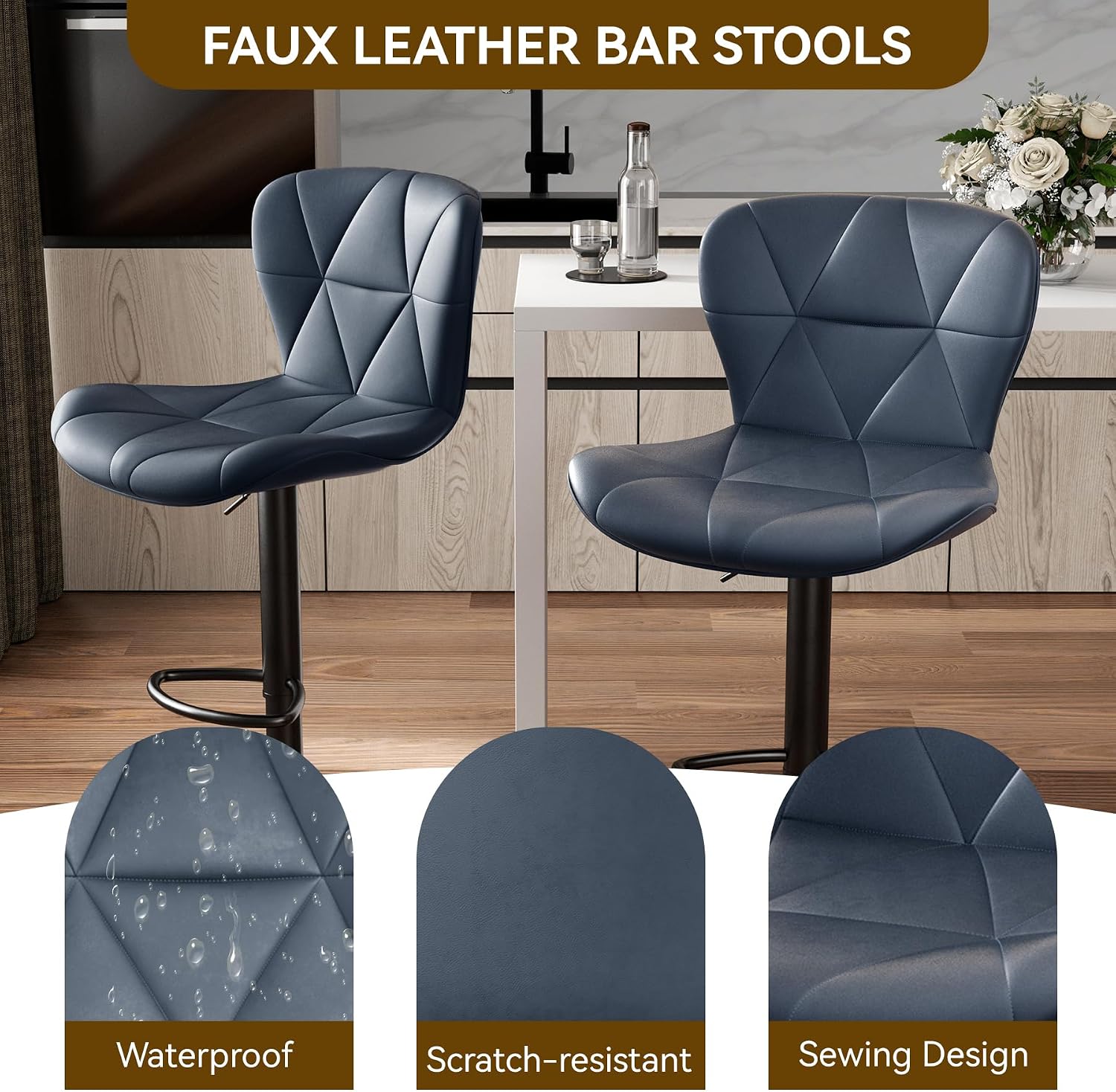Nalupatio Modern Bar Stools Set of 3, Adjustable Faux Leather Upholstered Swivel Bar Stools, Counter Height Bar Chairs with Back for Kitchen Island, Dark Blue