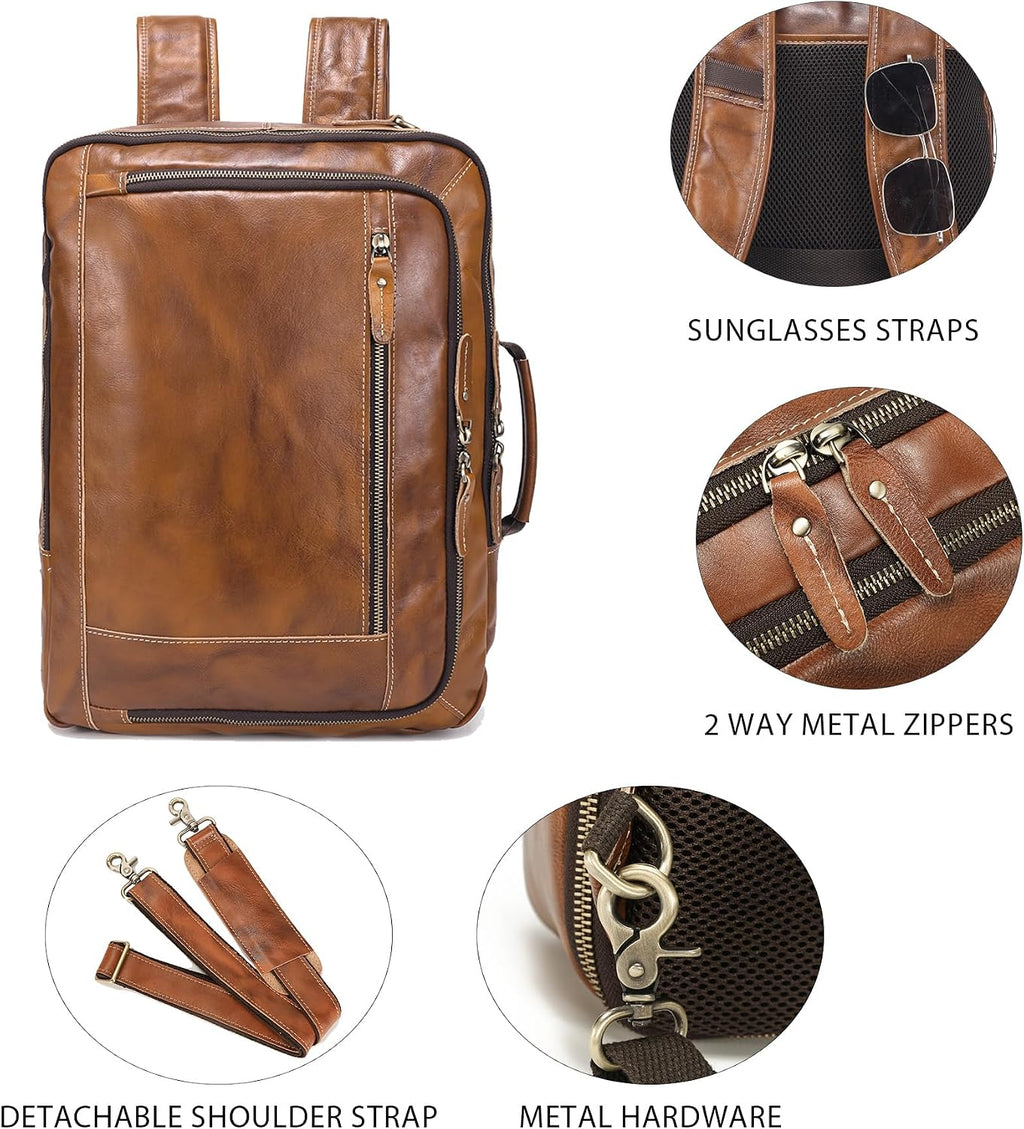 LANNSYNE Vintage Genuine Leather Backpack For Men, 2 in 1 Expandable Briefcase Fits 17'' Laptop Crossbody shoulder Bag Business/Travel Rucksack