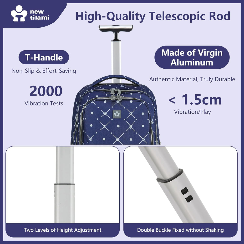 NEW TILAMI 20' Rolling Backpack for Teens Adults, Climbing Stairs Waterproof Backpack with Wheels for School Business Trave Camping with Laptop Compartment, Fit 17 Inch Laptop, Navy Bling