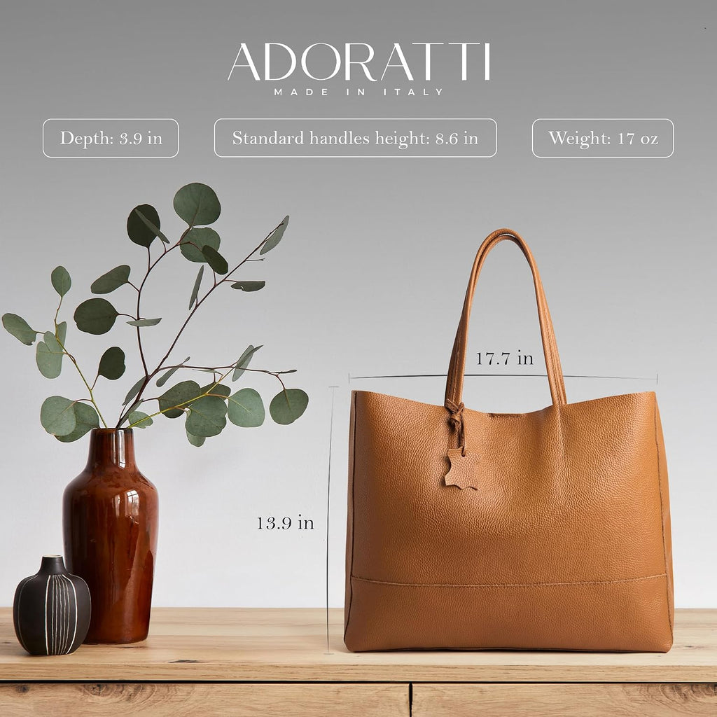 Italian Leather Tote Bag for Women - Large Shoulder Shopper, Fits 16' Laptop, Keychain Holder, Made in Italy