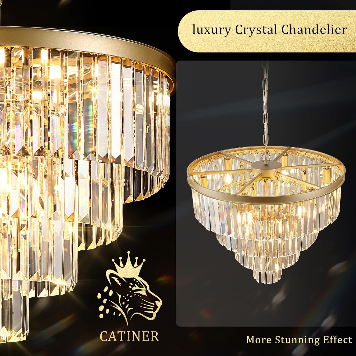 Gold Crystal Chandeliers 24' Modern Large Chandeliers Luxury 4-Tier 12 Lights K9 Crystal Round Ceiling Pendant Light Fixture Contemporary for Dining Room Foyer Staircase Living Room