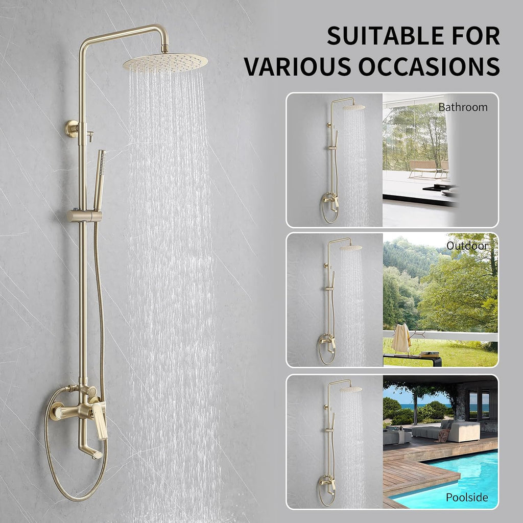 Brushed Gold Exposed Shower Syem with Handheld, 3 Functions Bathtub Shower Faucet Sets with Brass Valve, Shower Fixture with 10-Inch Rainfall Shower Head, Height Adjustable Shower Set