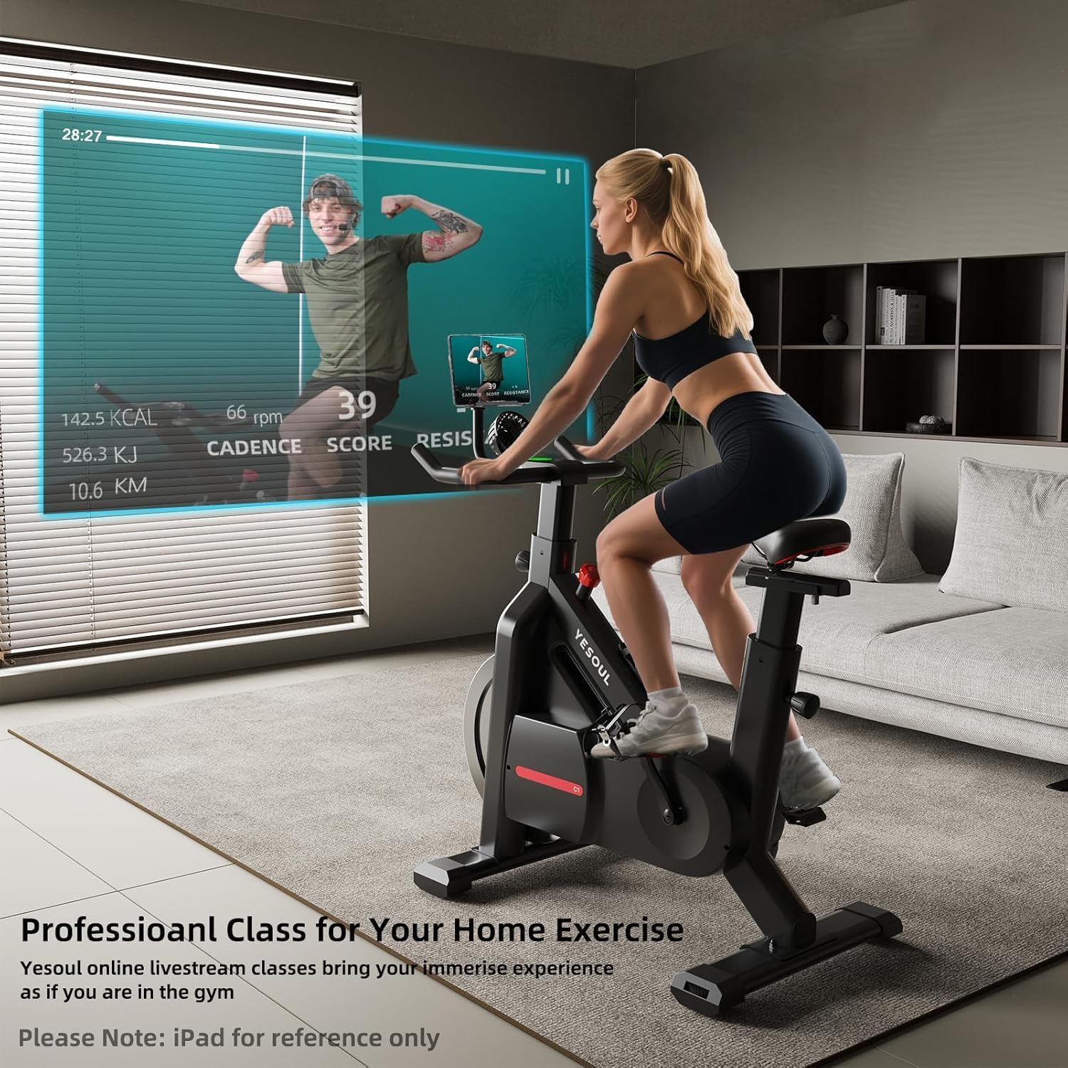 Yesoul Black Exercise Bike for Home, Low Noise Indoor Cycling Bike for Home Gym Electric Stationary Bike with Tablet Mount & Comfortable Seat Cushion for Women Apartment Workout Bike for Fitness