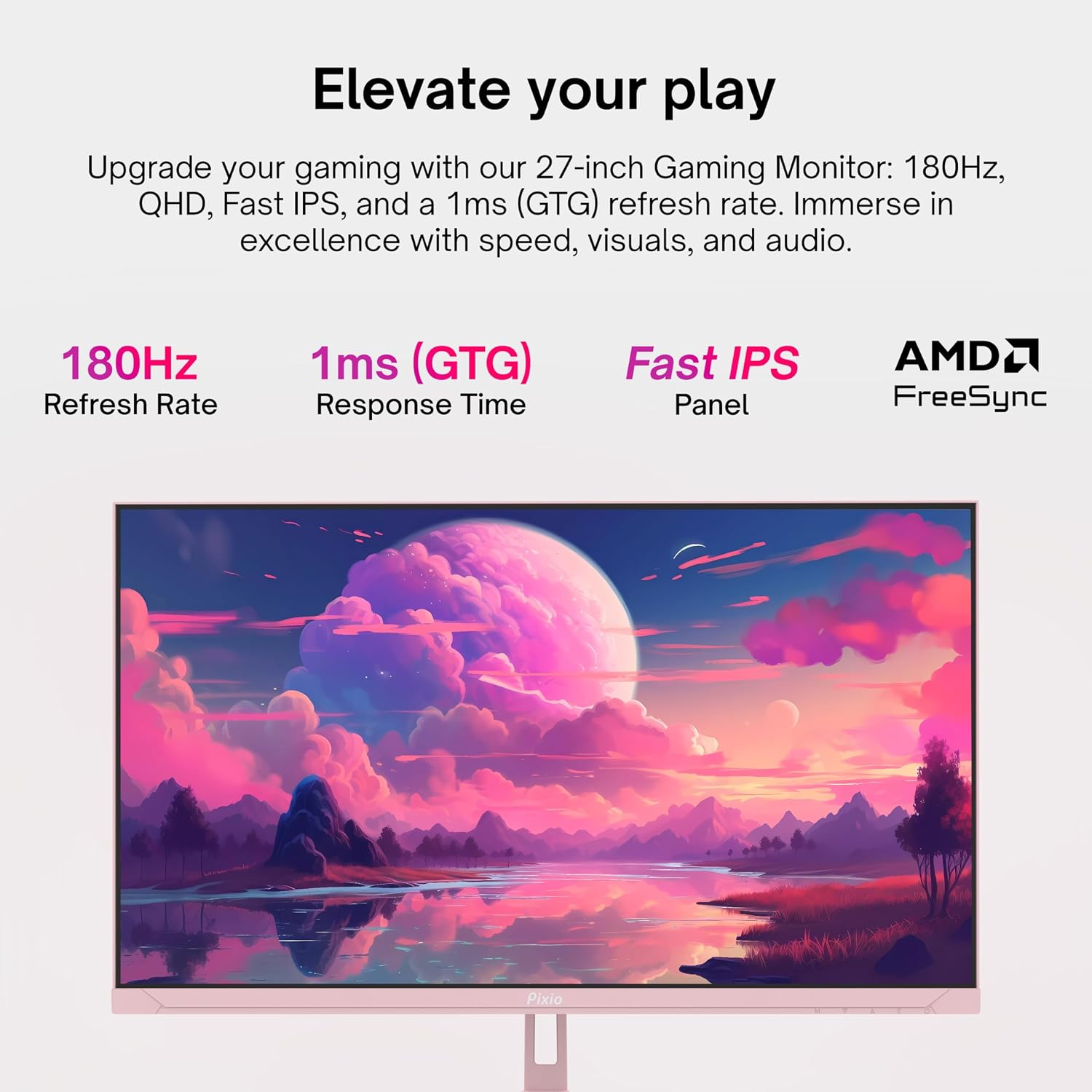 Pixio Two PX278 Wave Pink 27 inch 180Hz Refresh Rate FHD 1440p Resolution Fast IPS Panel 1ms GTG Response Time Gaming Monitor and PS1D Wave Pink Dual Monitor Arm - Fits up to 32 inches and 19.8lbs