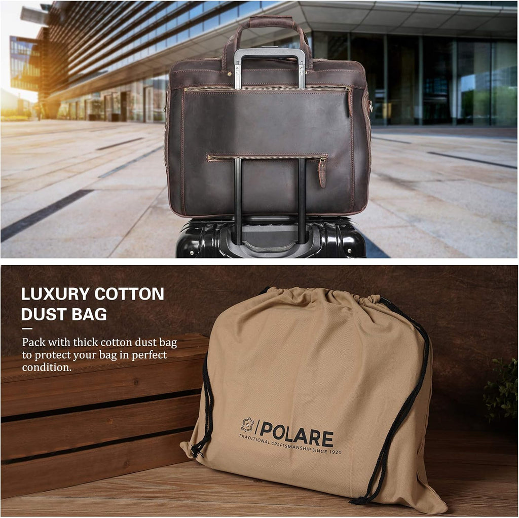 Polare 18'' Thick Full Grain Leather Fit 17.3' Laptop Business Briefcase Work Bag Overnight Bag For Men