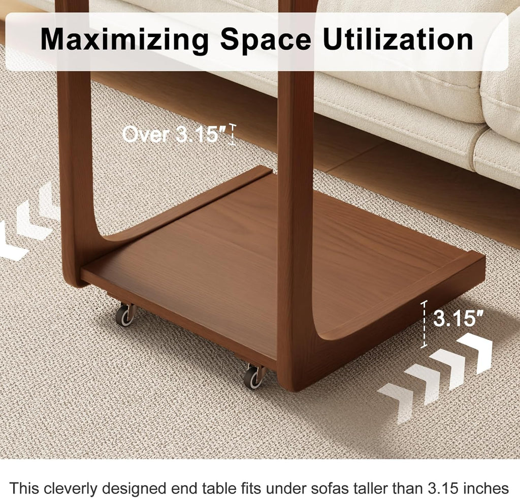 AQIMUELE Wooden C-Shaped End Table,Couch Table with Adjustable Desktop,Small Rolling Side Table with 2 Lockable Wheels,Small End Table for Couch, Living Room,Bedroom (Walnut)