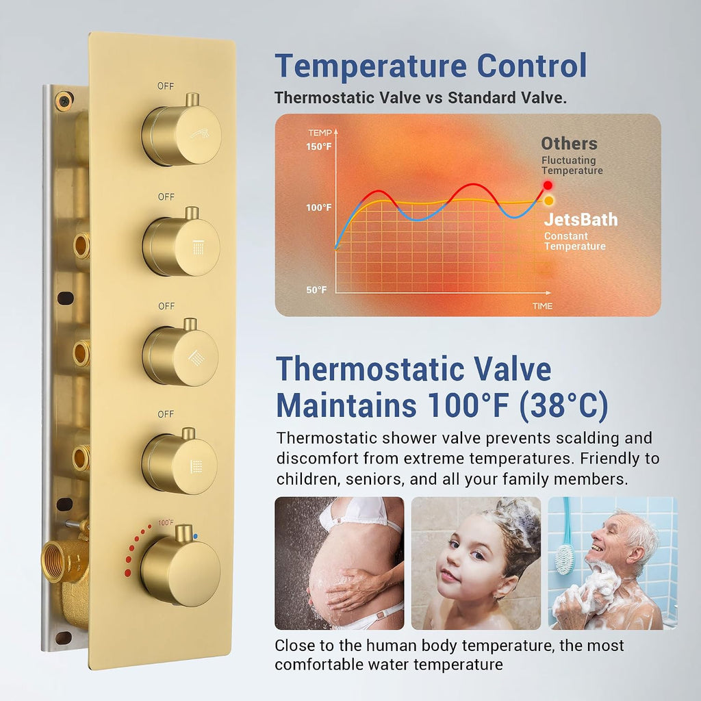 Thermostatic Dual Shower System with 4-Inch Body Jets, Ceiling 16' Rainfall Shower & Wall Mount 6-Inch Shower Head, Brushed Gold Luxury Shower Faucet Set with Handheld Sprayer