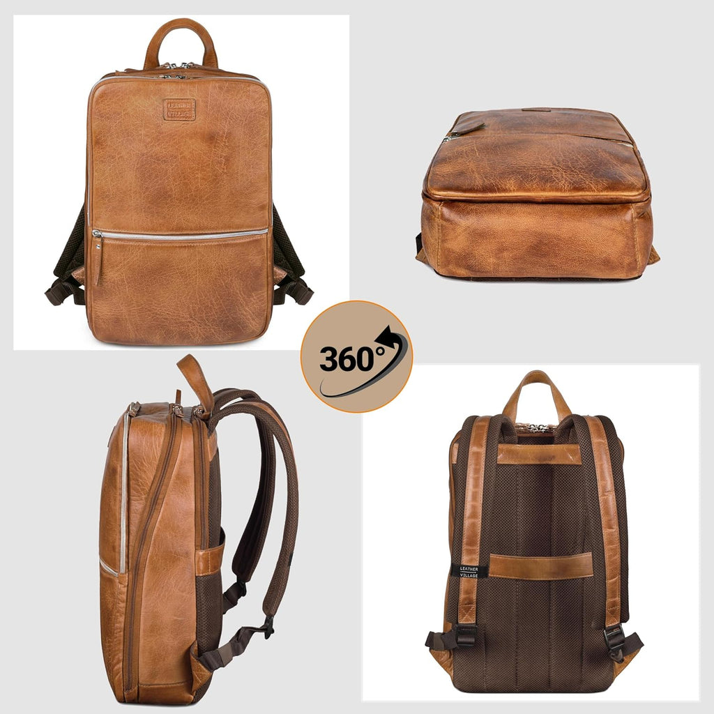 LEATHER VILLAGE Leather Laptop Backpack for Men | Camel Brown | Slim Professional Business Bag Fits 15.6'-Laptop | Water-Repellent Work & Travel Daypack with Trolley Strap