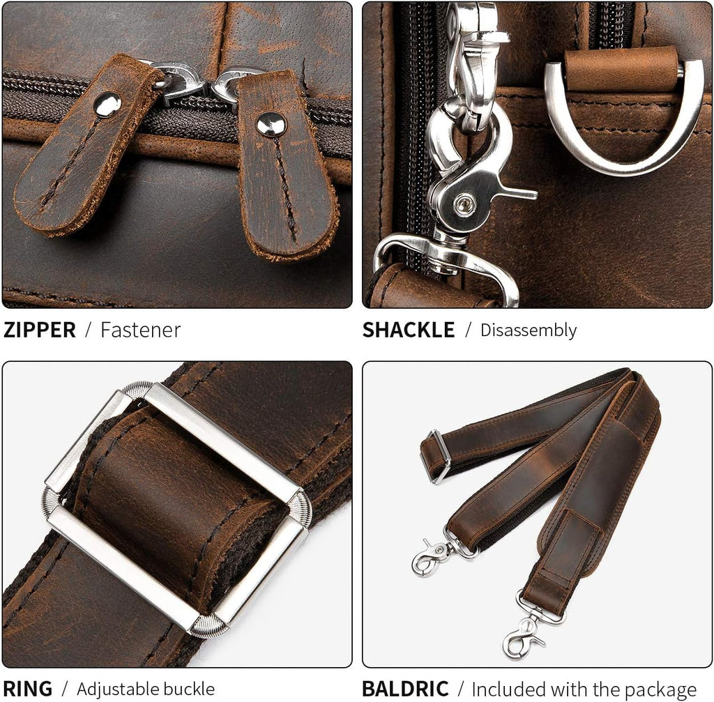 Augus Business Travel Briefcase Genuine Leather Duffel Bags for Men Laptop Bag fits 15.6 inches Laptop YKK Metal Zipper (Dark brown)
