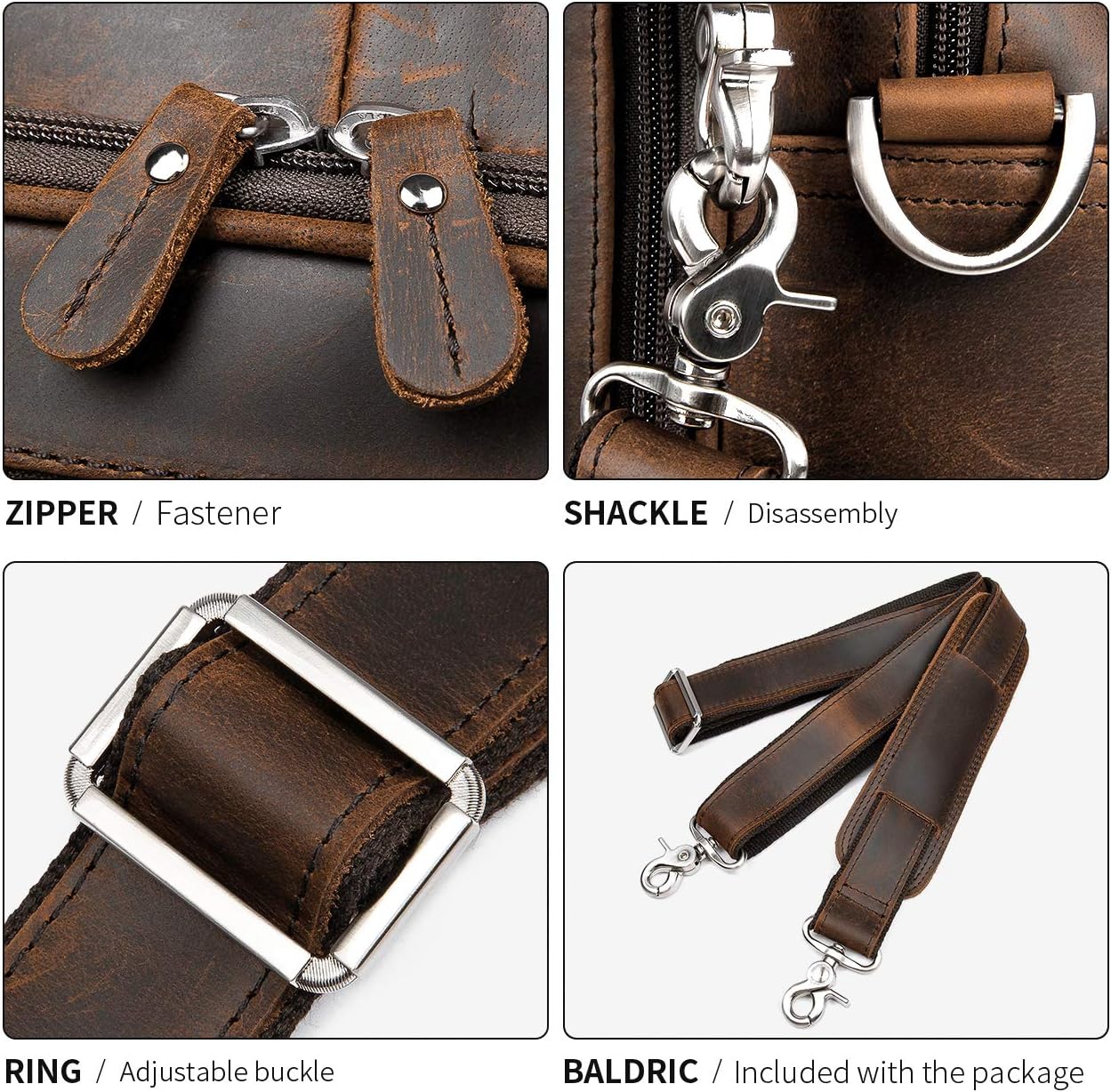 Augus Business Travel Briefcase Genuine Leather Duffel Bags for Men Laptop Bag fits 15.6 inches Laptop YKK Metal Zipper (Dark brown)
