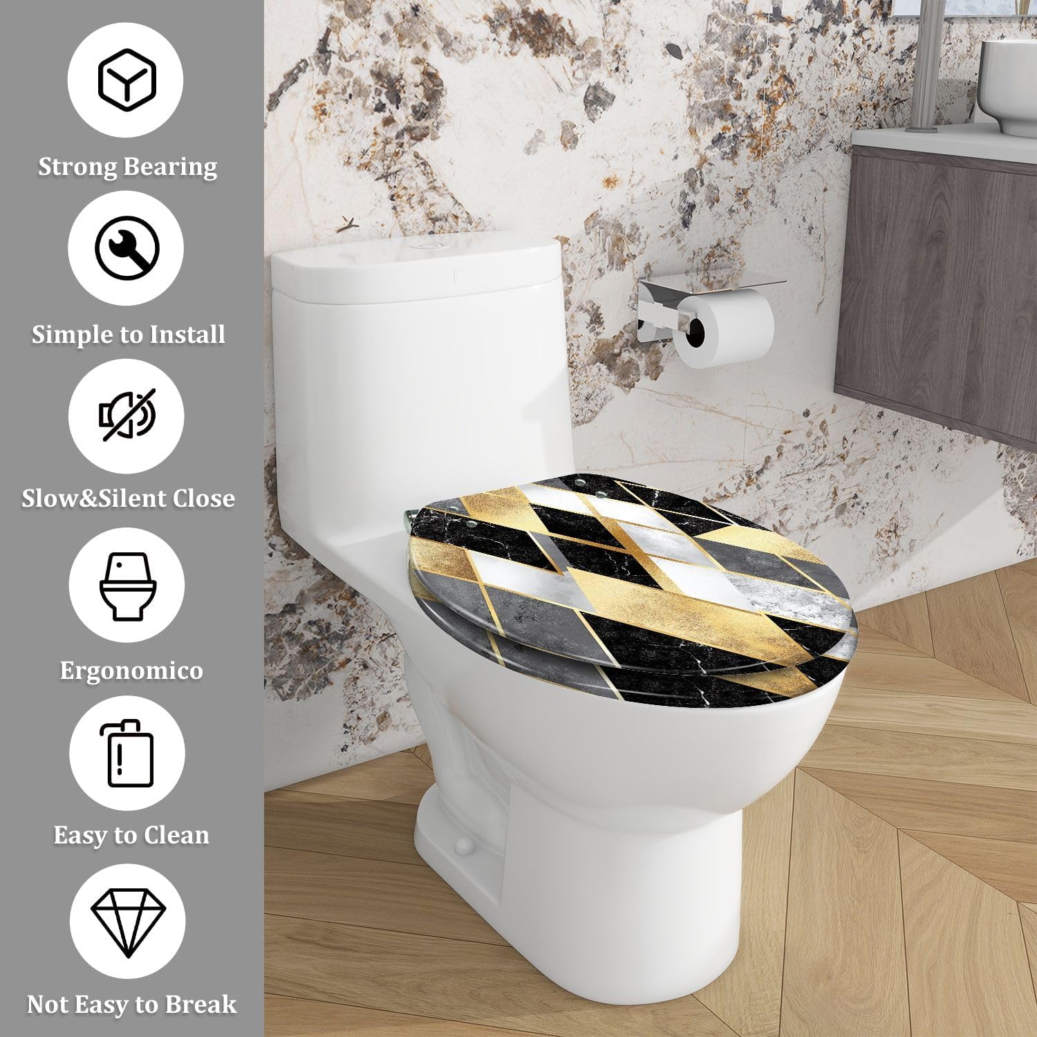 Elongated Toilet Seat seamless geometric pattern gold lines silver glitter black watercolor Art Resin Toilet Seat Easy to Install Quietly Close Quick Release Hinges Decorative Toilet Seat with Cover