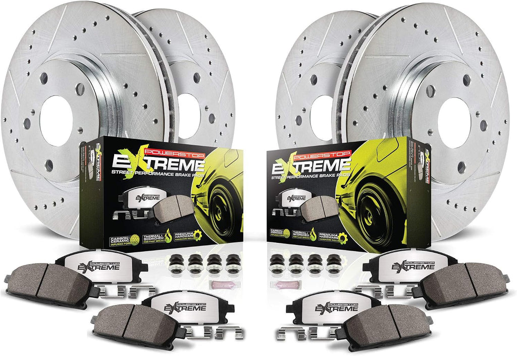 PowerStop Front and Rear Brake Kit for Genesis G70 2019-22 | Kia Stinger 2018-22 - Carbon-Fiber Ceramic Z26 Brake Pads + Drilled & Slotted Rotors Upgrade, K8510-26