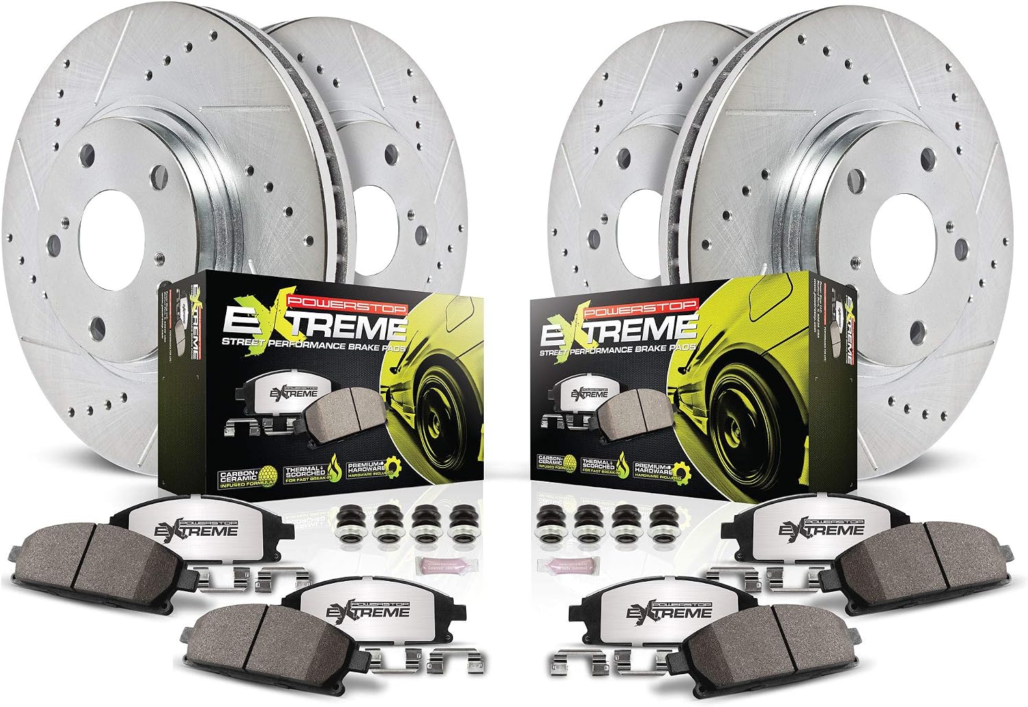 PowerStop Front and Rear Brake Kit for Genesis G70 2019-22 | Kia Stinger 2018-22 - Carbon-Fiber Ceramic Z26 Brake Pads + Drilled & Slotted Rotors Upgrade, K8510-26