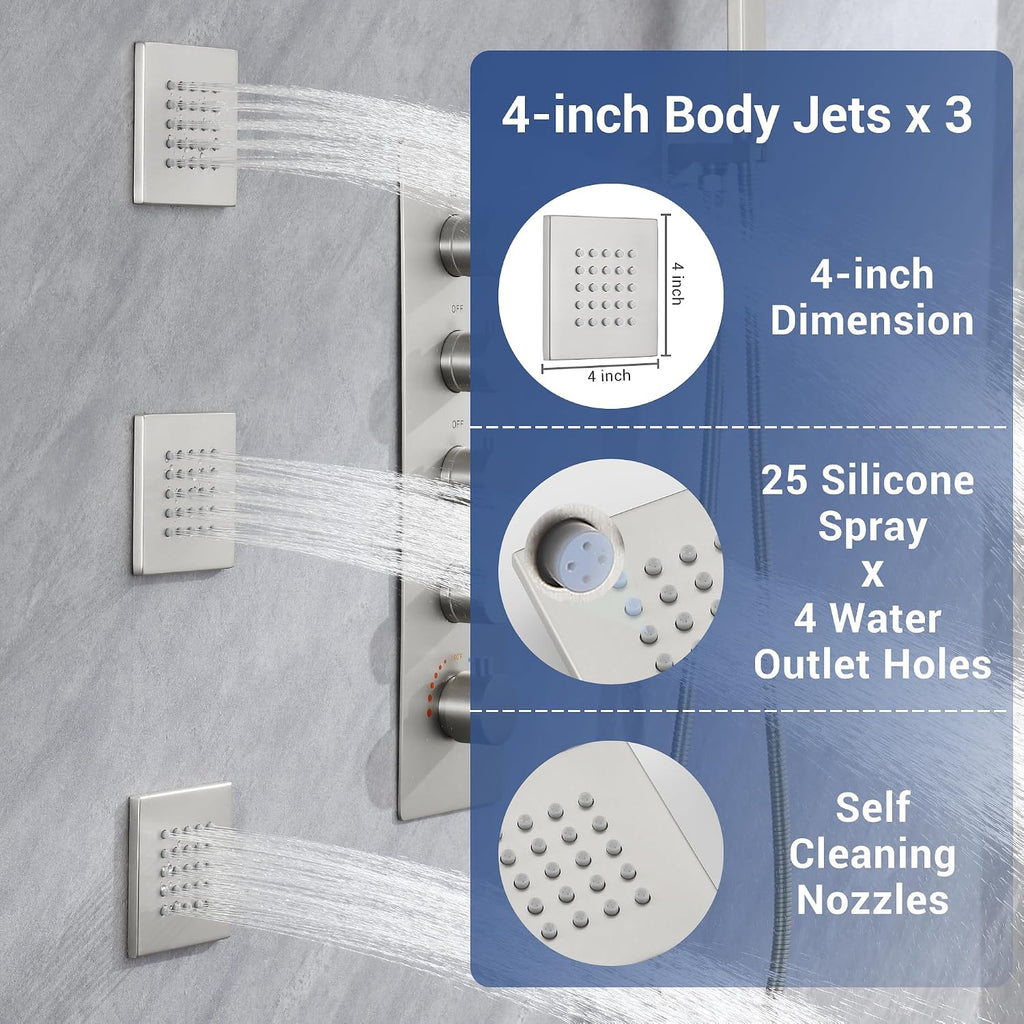 Thermostatic Dual Shower Heads System with 4-Inch Body Jets, Ceiling 16' Rainfall & Wall Mount 6' Shower Head, Luxury Brushed Nickel Shower Faucet Set with Handheld Sprayer for 2-Person/Tandem Shower