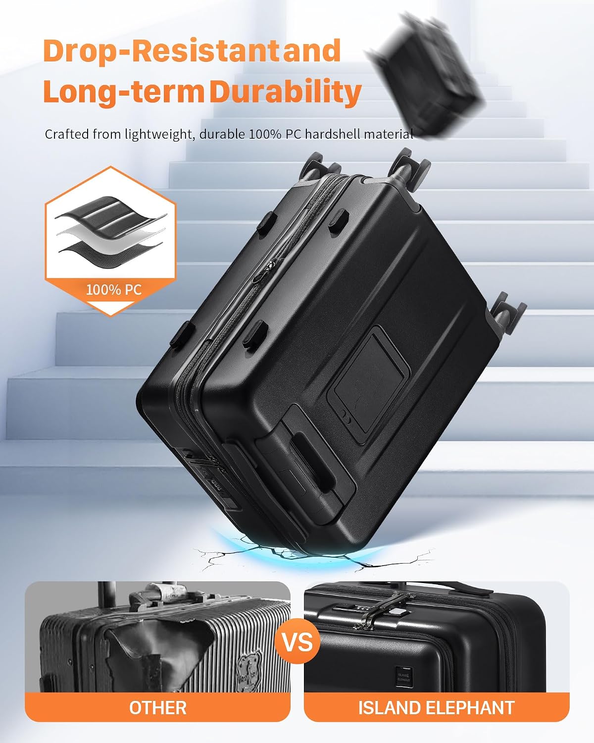 Expandable 20Inch Carry On Luggage Airline Approved - Front Pocket Travel Suitcase 100% PC Unbreakable -with Cup Holder,USB Charge,Side Pothook, 360°Spinner Wheels, TSA Lock-Black