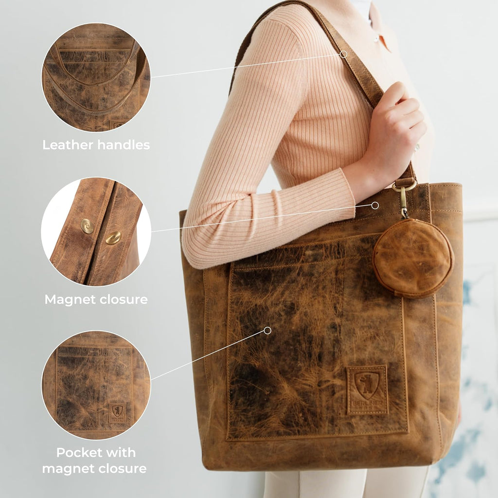 Berliner Bags Vintage Genuine Leather Tote Bag Seville, Handbag, Large Shopper for Women