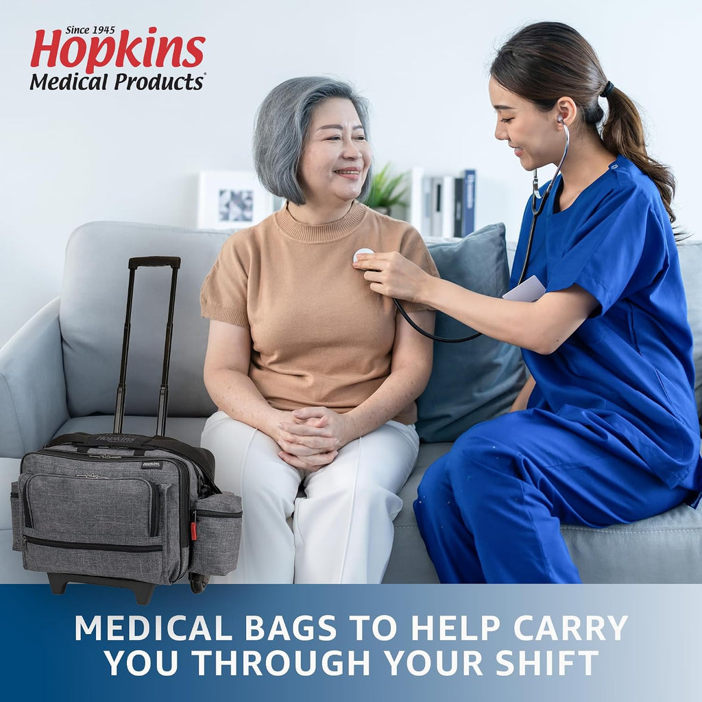 Hopkins Medical Products Antimicrobial Rolling Medical Bag: Waterproof, Lockable File Pocket, Wide Wheel Base - Perfect for Busy Healthcare Pros, 36.5' Handle