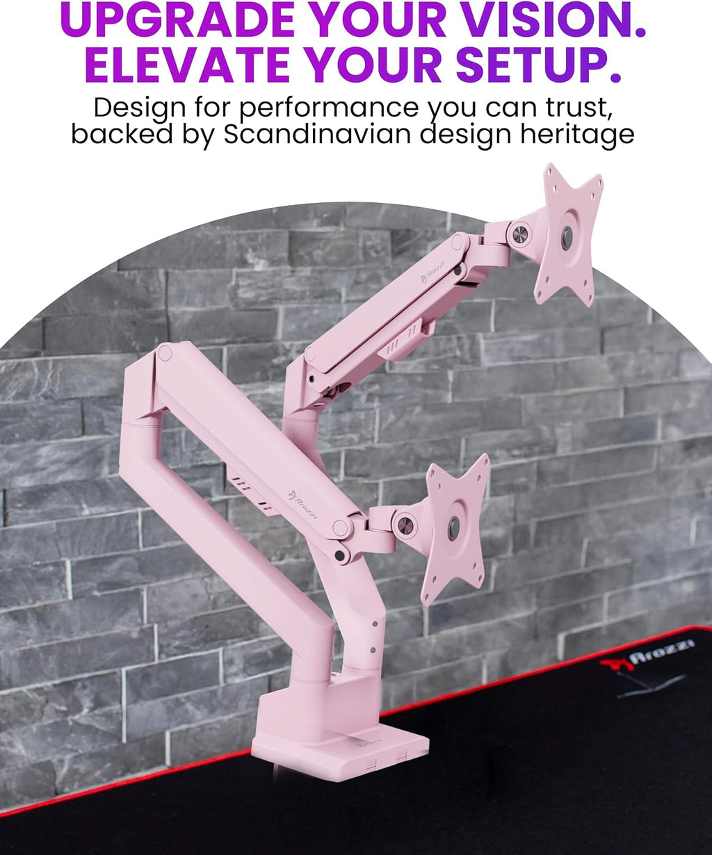 Arozzi Alzare Neo Duo Dual Gas Spring Monitor Arm - 2 Independent Arms, 17':34' Monitors, VESA 75/100, 360 Rotation, Up to 20 lbs Each, Cable Management, C-Clamp & Grommet Included - Pink