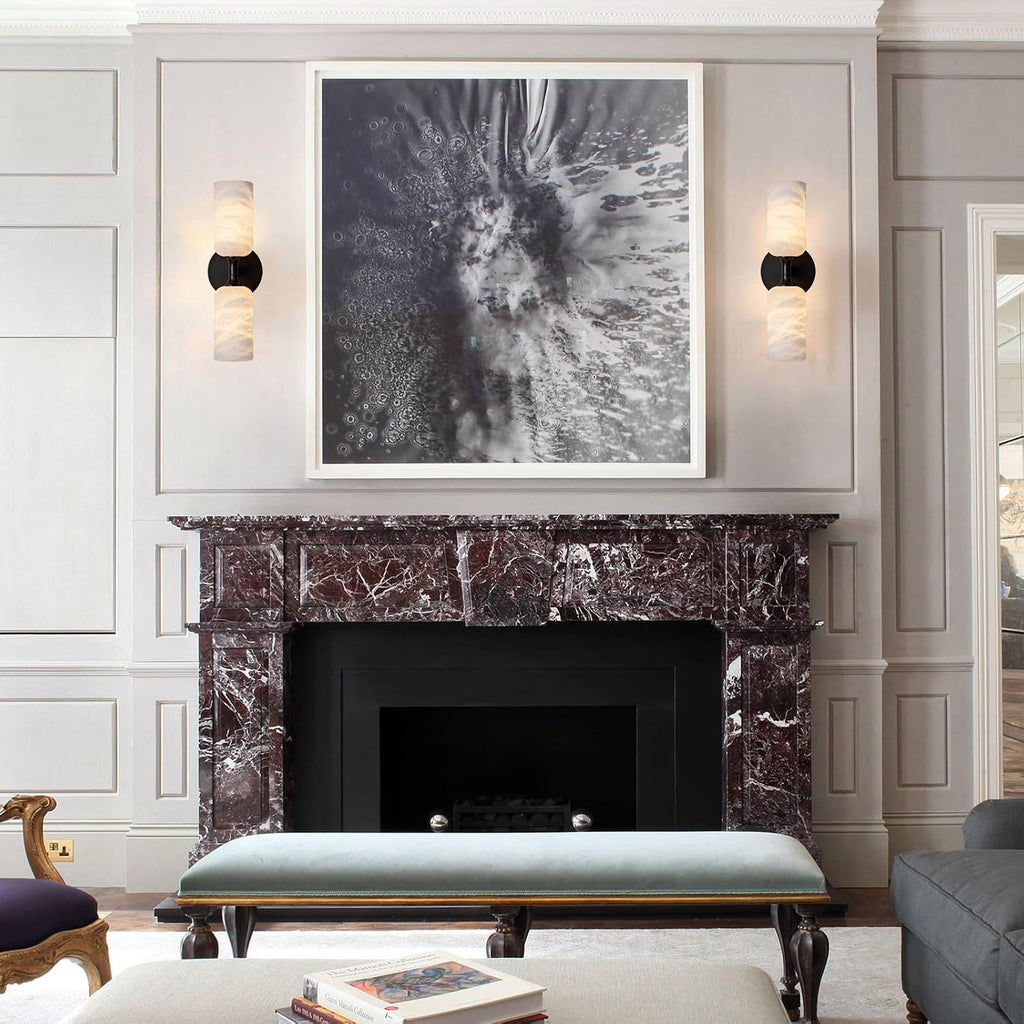 Alabaster Wall Sconce, 14in Modern Spanish Natural Marble Bathroom Vanity Sconces, Unique Indoor Black Wall Lighting Fixtures Decor for Bedroom Living Room Staircases
