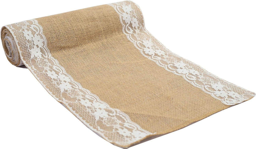 MDS 12 PCS 100% Natural Burlap Table Runners 12' x 108' with Lace, Rustic Farmhouse Country Vintage Boho Jute Runner for Wedding Reception Birthday Party Home Kitchen Dining Coffee Table Decoration