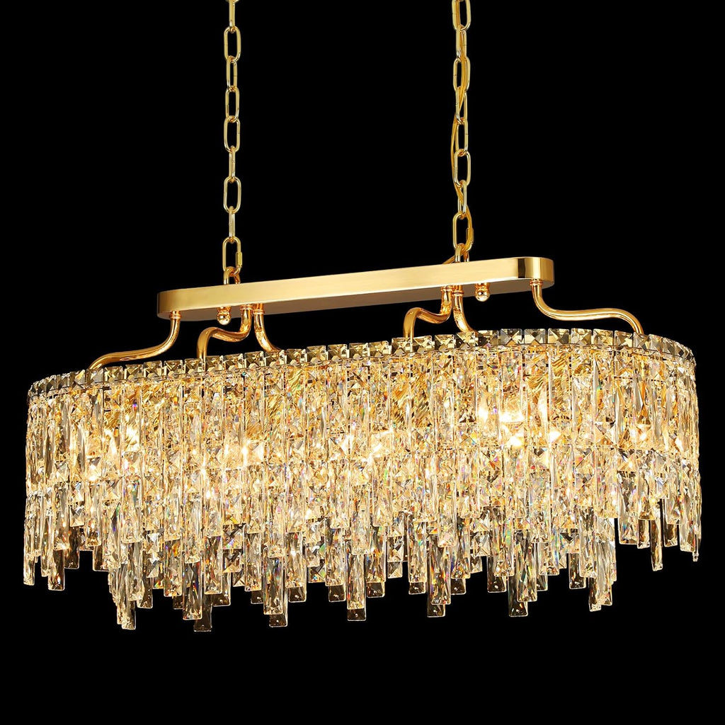 Gold Crystal Chandelier | Modern Luxury Oval-Shaped Chandeliers for Dining Room Light Fixture, 32' 10-Light Crystal Ceiling Lighting Fixture for Dining Room Kitchen Island Bar