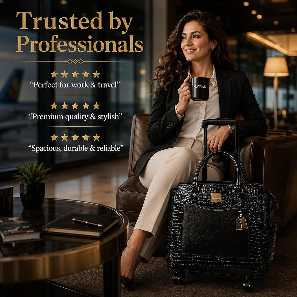 Rolling Laptop Bag for Women with Wheels & Handle Luxury Pure Leather Embossed Work Bag with Laptop Sleeve Travel Briefcase