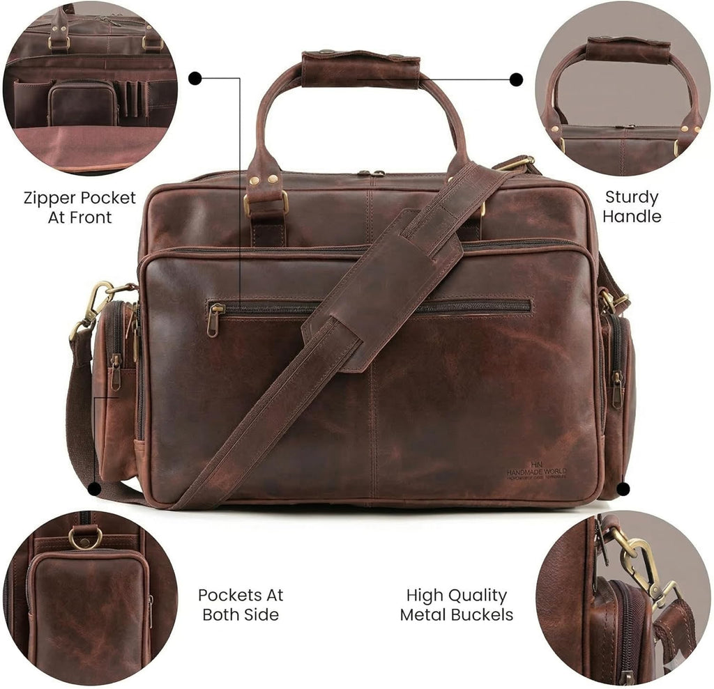 Handmade World Full Grain Leather Briefcase for Men – Large Brown Laptop Bag Fits Up to 19 Inch, Executive Office Work Bag