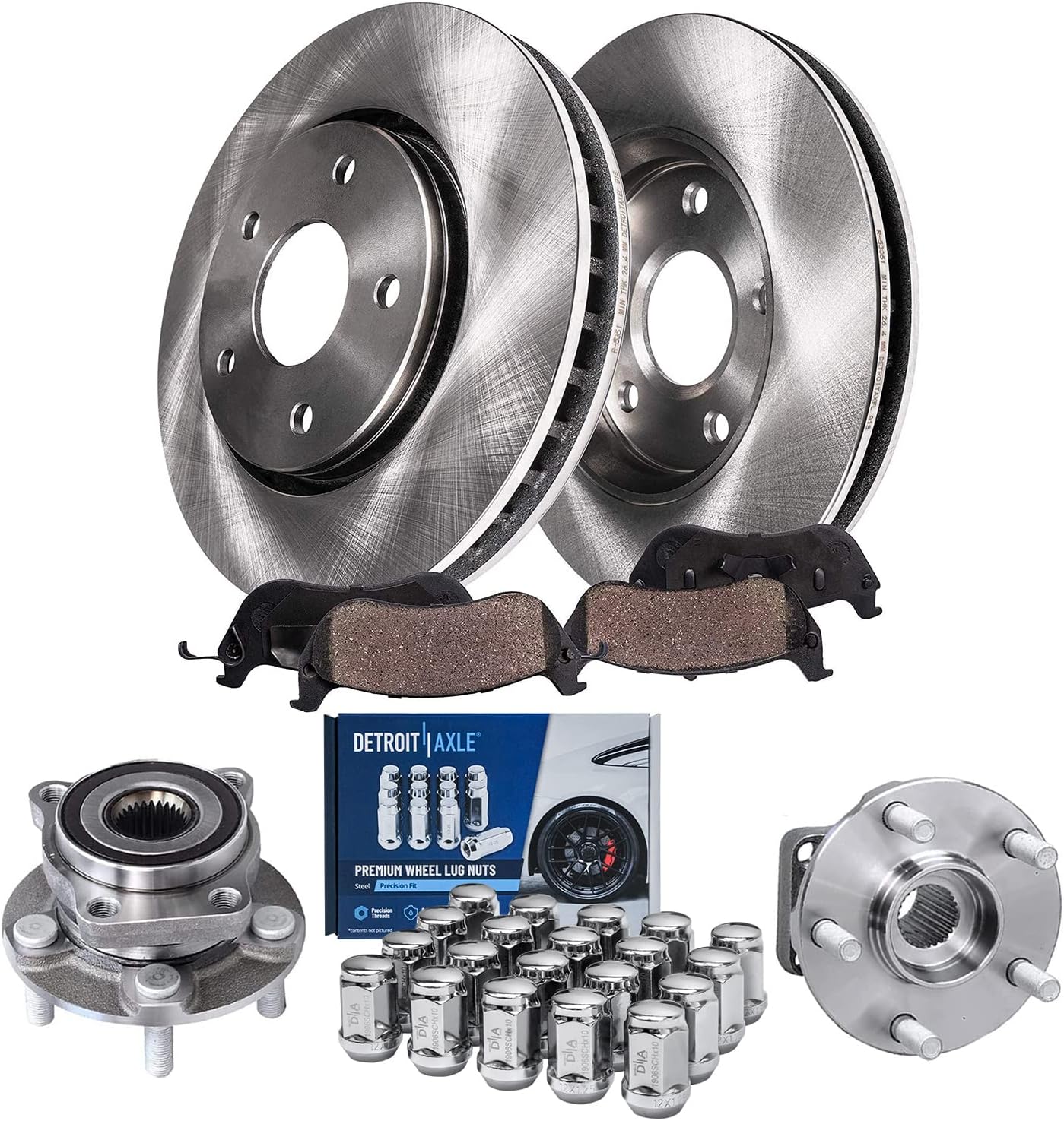 Detroit Axle - Front Disc Rotors Brake Pads + Wheel Hubs w/ 20pc Wheel Lug Nuts Replacement for Subaru Impreza Forester - 26pc Set